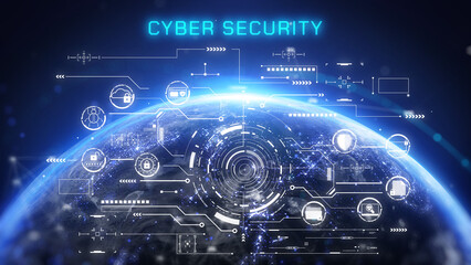 Cyber security digital blue realistic earth data security for business, computer, network illustration. Icon of privacy protection background.