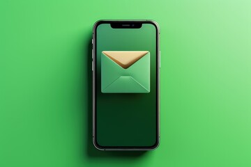 Mobile phone with envelope on screen isolated on green background, Concept of sending and receiving email by cell phone, Generative AI
