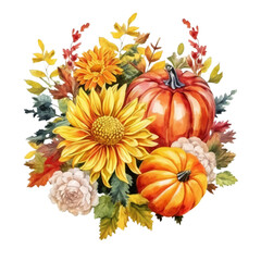 Fototapeta na wymiar Fall Autumn Flowers Watercolor Clip art, Fall Autumn Watercolor Sublimation Design, Pumpkin Clip art