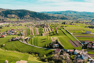 Spring Slovakia landscape. Nature fields with blooming cherries. Unique ecological land management. Polana region, Hrinova, Slovakia Europe. © Zedspider