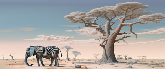 dream surrealism stability tree elephant surreal solitude impossible nature concept. Generative AI.