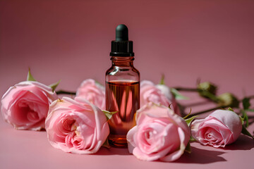 Obraz na płótnie Canvas Rose essential oil on a pink background with flowers, Generative AI 5