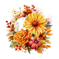 Fall Autumn Flowers Watercolor Clip art, Fall Autumn Watercolor Sublimation Design, Pumpkin Clip art