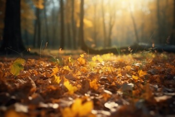 Autumn nature background with orange and yellow fallen maple leaves in sunlight. Ai generative.