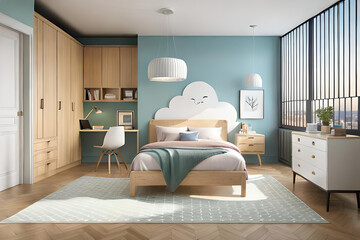 a cozy children's bedroom with a playful theme