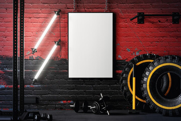 Poster frame on chains in gym mockup. 3D rendering
