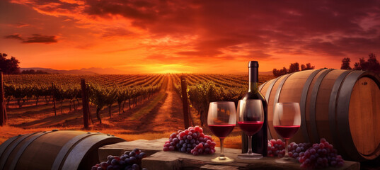 Fototapeta premium winery beverage bottle barrel wine sunset alcohol grape drink glass. Generative AI.