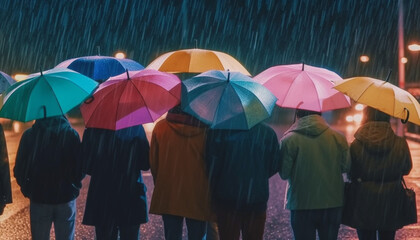 A large group of people walking outdoors in the rain generated by AI