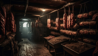 Smoked pork salami hanging in gourmet delicatessen, rustic and fresh generated by AI