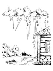 Rain pours on the roof. Vector doodle.