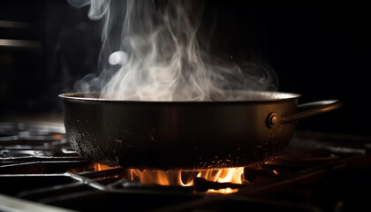 Steaming hot soup simmers on cast iron stove top burner generated by AI