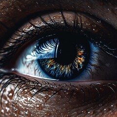 Mesmerizing depths of this captivating close-up, featuring a vibrant blue eye glistening with delicate water droplets, evoking a sense of purity, freshness, and tranquility.
