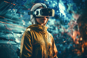 Jugendliche mit VR Brille, Virtuelle Realität, Zukunft, Generative AI - obrazy, fototapety, plakaty