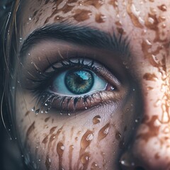 Intriguing beauty of this captivating close-up featuring a woman's eye with , accentuated by the presence of muddy water droplets on her face, mystery and connection with nature.