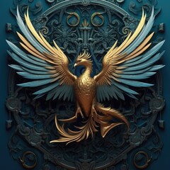 An enormous golden phoenix with wing spreads - obrazy, fototapety, plakaty