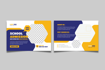 School admission eddm postcard template. Back to school education postcard design, Kids Education promotional postcard design.
