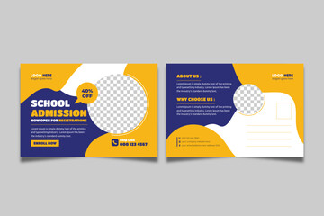 School admission eddm postcard template. Back to school education postcard design, Kids Education promotional postcard design.
