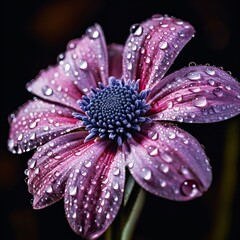Beauty of nature with this captivating macro shot of a purple flower adorned with glistening water droplets. 