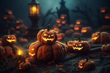 Obraz premium Enchanted halloween garden full of illuminated pumpkin lanterns. 