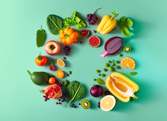 Creative neatly arranged food layout with fruits vegetables and leaves on bright background. Generative AI