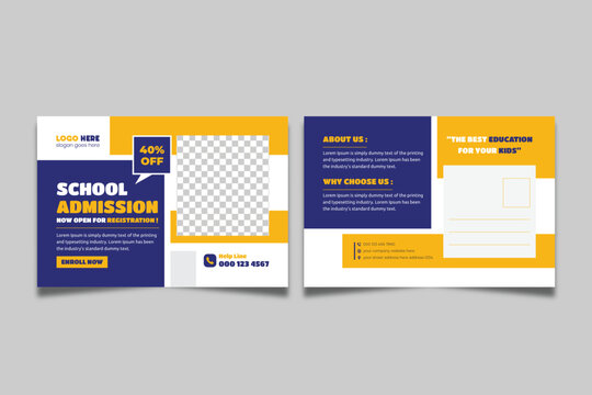 School Admission Eddm Postcard Template. Back To School Education Postcard Design, Kids Education Promotional Postcard Design.
