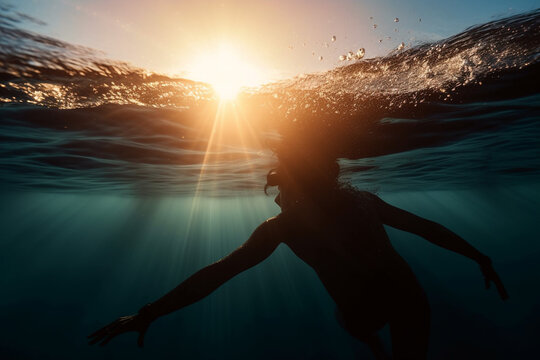 Freediving and beautiful light in blue sea. Generative ai