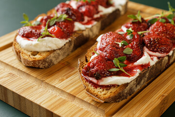 Baked strawberries with honey and thyme atop ricotta-slathered toast.