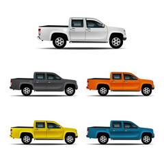 Set of car pickup, truck mockup realistic white isolated on the background. Ready to apply to your design. Vector illustration.