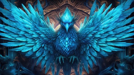 A blue phoenix in the shape of a frame - obrazy, fototapety, plakaty