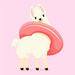 White llama with a red rubber ring around his neck