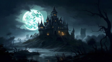 Fototapeta premium very realistic illustration of a fantasy castle with a glowing full moon in the background, Halloween mood background, AI generated