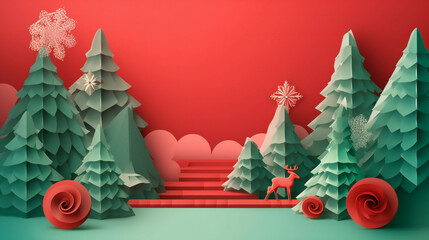 Minimal scene with, balls and pine trees. Red and green shapes. For christmas holiday winter concep magazines, poster, 3D, paper. Space for text, winter, holidays, Christmas Generation AI