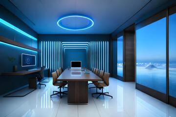 a futuristic workspace with a minimalist desk, a high-tech computer setup, and holographic displays floating in the air