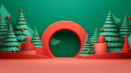 Minimal scene with, balls and pine trees, podium. Midnight green, red shapes. For christmas holiday winter concep  magazines, poster, paper. Space for text, winter, holidays, Christmas Generation AI
