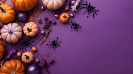 Happy Halloween, flat lay on a purple background with copy space Halloween pumpkins, webs and bats decoration, Halloween theme AI generated