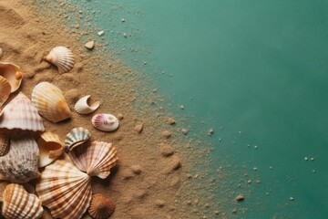 Fototapeta na wymiar Sea shells with sand as background. Summer beach, ai generated