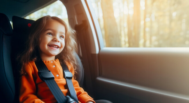 Happy girl in a child car seat wearing a seatbelt while traveling by car. generative ai. Safe movement of children in the car.
