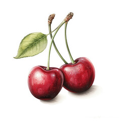 two fresh cherries with leaves