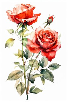 Watercolor beautiful red roses painting with green leaves and white background Generative AI Illustration