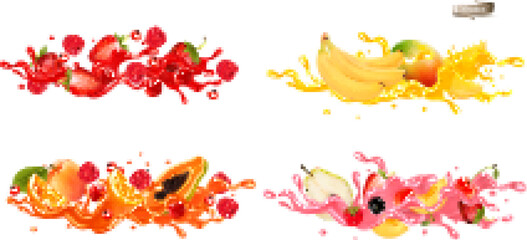 Whole and slice of berries and fruit in a jiuce.  Strawberries, raspberries, cherries, blueberries, passion fruit, banana, mango, papaya, kiwi in a wave of juice with splashes. Vector set.