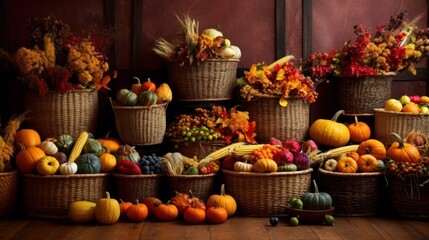 Obraz na płótnie Canvas Thanksgiving harvest baskets stacks of woven basket. AI generated
