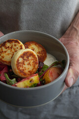 syrniki with cheese and pear and beetroot salad
