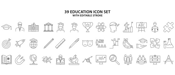 Education icon set. Education and Learning thin line icons set.  Containing study, graduation, student, knowledge, learning, school and stationery icons. Vector illustration. Editable stroke.