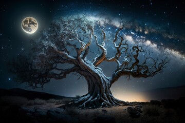 Old tree under full moon