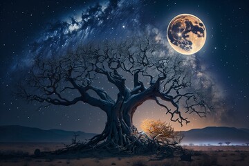 Old tree under full moon