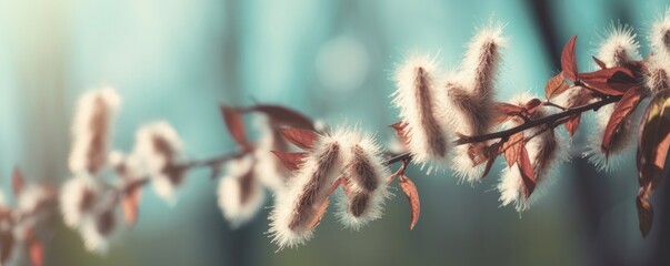 Close up blooming fluffy willow branches in spring with soft focus on turquoise blue banner background sky. Ai generative.