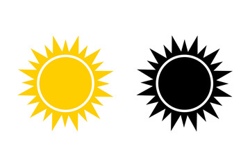 Sun icon set. Collection of yellow sun and black silhouette. Vector illustration for use as weather, sunlight, nature icon or logo isolated on white background