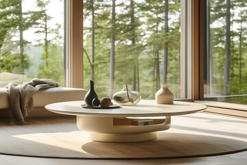 Modern coffee table in front of a large window. Interior design concept.Generative AI