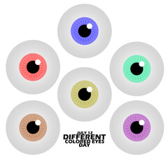 Eyeballs with different pupil colors with bold text isolated on white background to commemorate National Different Colored Eyes Day on July 12