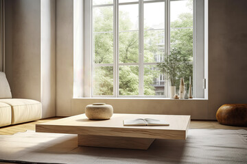 Modern coffee table in front of a large window. Interior design concept.Generative AI